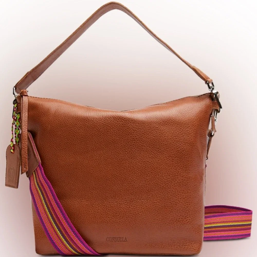 Consuela Brown Leather Hobo with Pink & Orange Accent Strap - Picture 1 of 8
